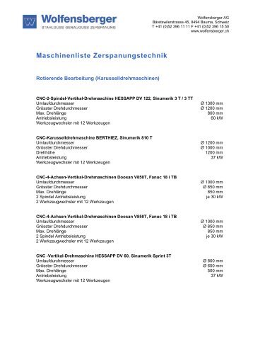 Maschinenliste Zerspanungstechnik - Wolfensberger AG