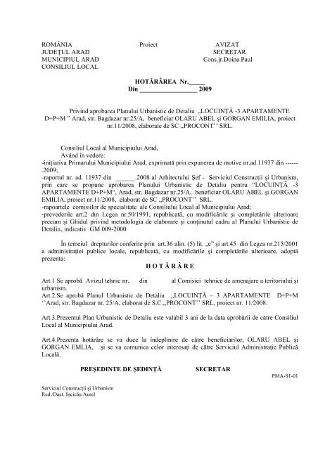 Proiect de hotărâre privind aprobarea Planului Urbanistic de