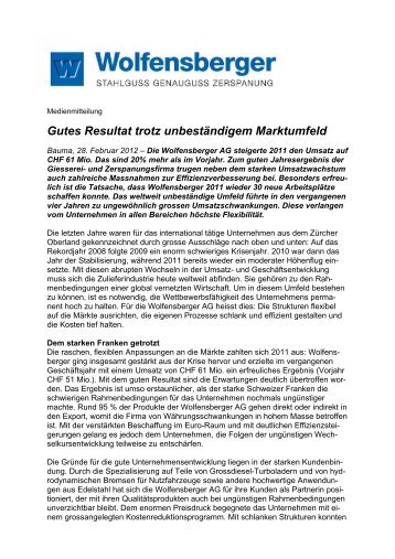 Gutes Resultat trotz unbeständigem Marktumfeld - Wolfensberger AG
