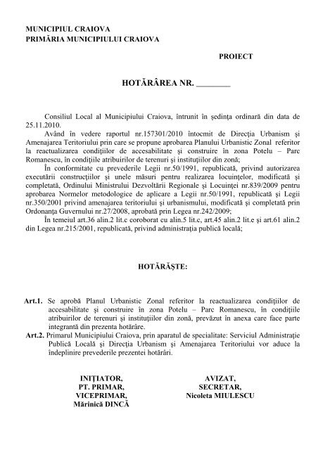 Proiect de hotărâre privind aprobarea Planului ... - Primaria Craiova