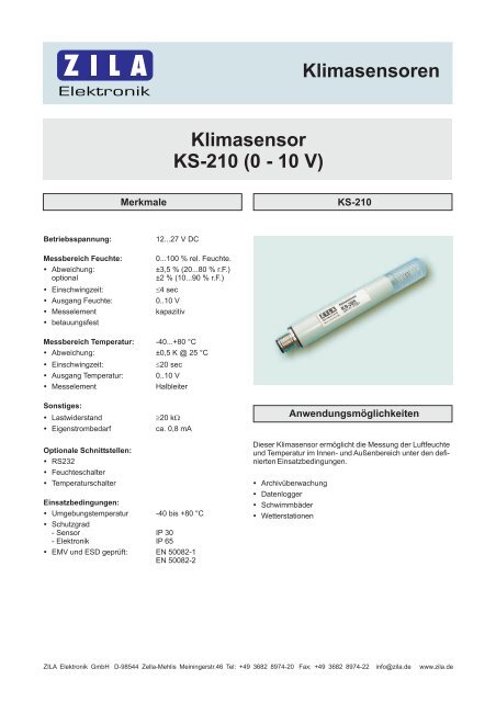Klimasensor KS-210 (0 - 10 V) Klimasensoren - zila.de