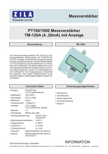PT100/1000 Messverstärker TM-120A (4..20mA) mit ... - zila.de