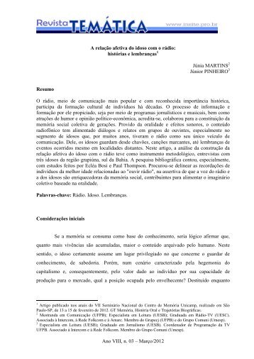 A relação afetiva do idoso com o rádio: histórias e lembranças