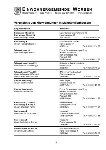 Verzeichnis von Mietwohnungen in Mehrfamilienhäusern