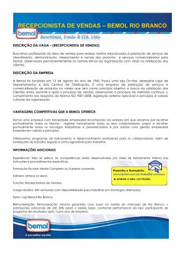 RECEPCIONISTA DE VENDAS – BEMOL RIO BRANCO - Uninorte