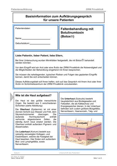 Faltenbehandlung mit Botulinumtoxin (Botox ... - ZIRM Privatklinik