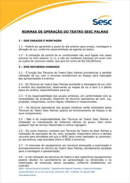 normas de operação do teatro sesc palmas - SESC Tocantins