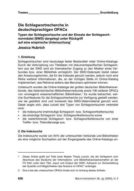 Die Schlagwortrecherche in deutschsprachigen OPACs