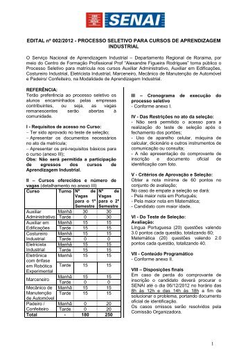 processo de seleção para os cursos de aprendizagem ... - senai-rr