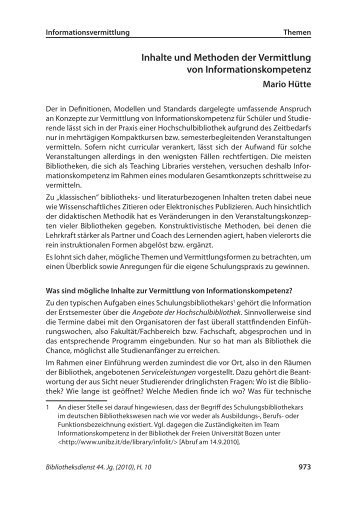 Inhalte und Methoden der Vermittlung von Informationskompetenz