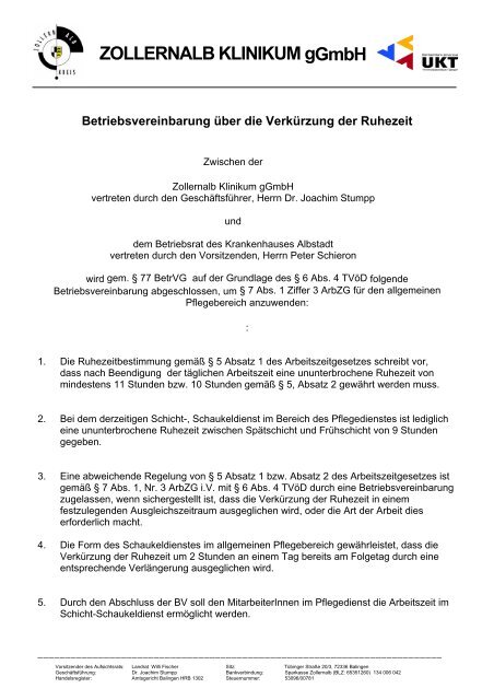 Zollernalb Klinikum Ggmbh Betriebsvereinbarung Uber Die