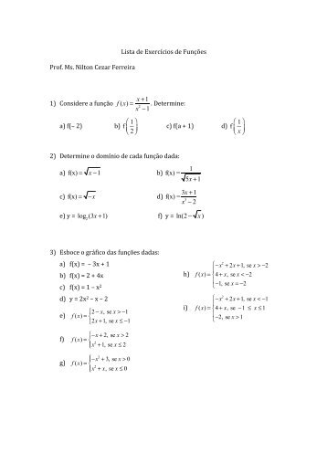 Lista de Exercícios de Funções Prof. Ms. Nilton Cezar Ferreira