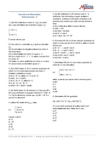 Exercícios de Matemática Determinantes - 2 - Projeto Medicina