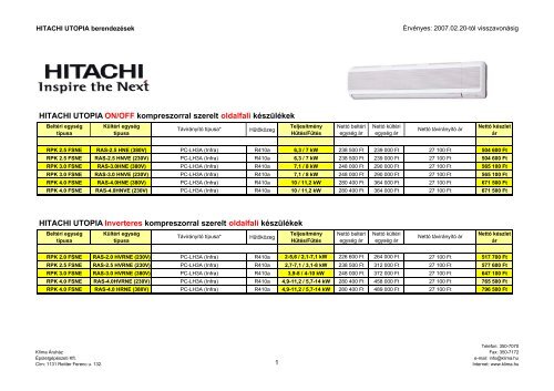 HITACHI UTOPIA ON/OFF kompreszorral szerelt oldalfali ...