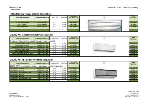 2008 OZONE, HISENSE, klímaberendezések árlistája. - Eu Klíma Kft