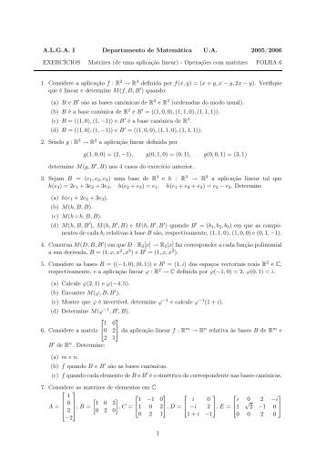 Folha 6 - Matrizes de uma aplicação linear. Operações