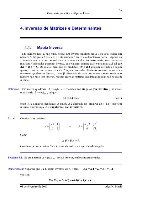 4. Inversão de Matrizes e Determinantes - Alex Nogueira Brasil