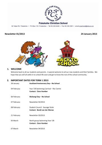 Newsletter 01/2013 24 January 2013 1. WELCOME ... - pcschool.co.nz