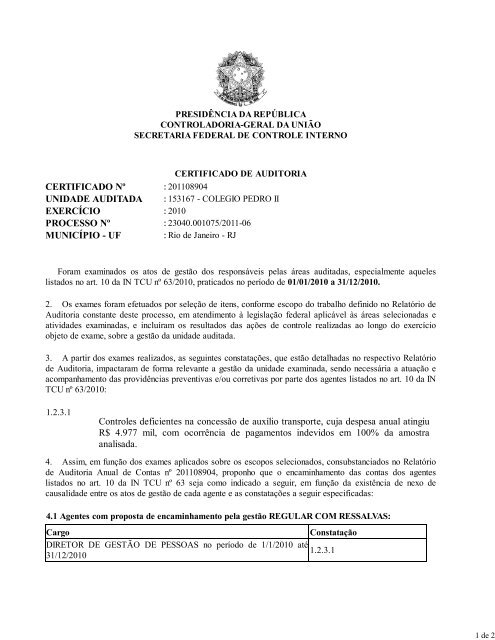 Certificado de Auditoria Exercício 2010 - Colégio Pedro II