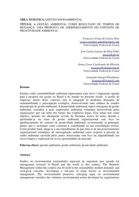 ÁREA TEMÁTICA: GESTÃO SOCIOAMBIENTAL TÍTULO ... - Engema