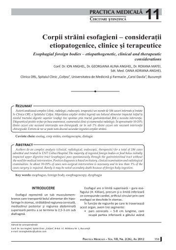 Corpii străini esofagieni – consideraţii ... - Practica Medicala