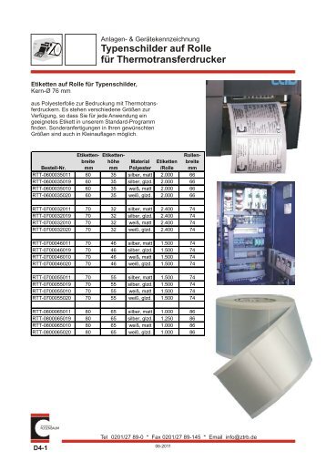 Typenschilder auf Rolle für Thermotransferdrucker - Ztrb.de