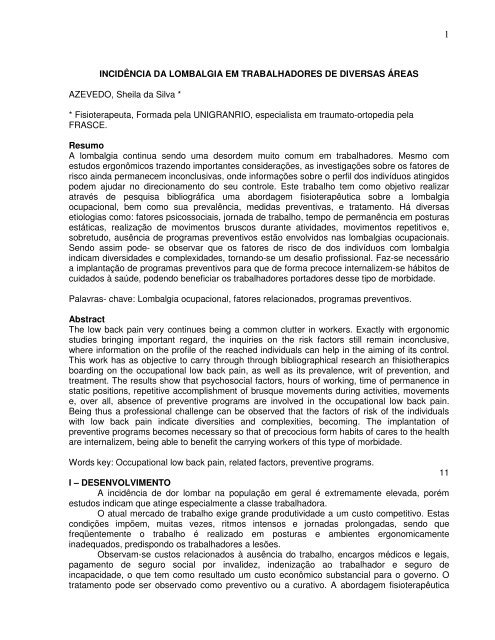 incidência da lombalgia em trabalhadores de diversas ... - FRASCE