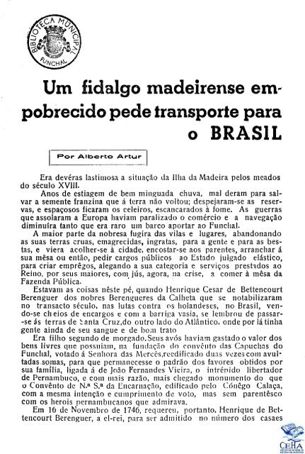 Fidalgo madeirense empobrecido pede transporte para o Brasil