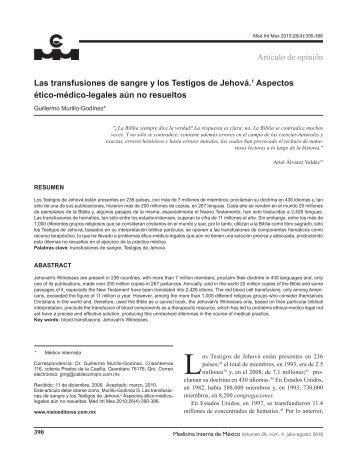 Las transfusiones de sangre y los testigos de - Revistas Médicas ...