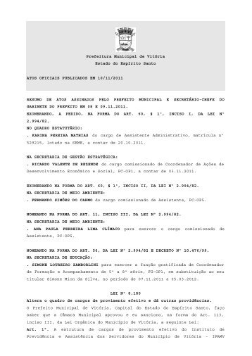 Atos Oficiais publicados em 10/11/2011 - Prefeitura de Vitória