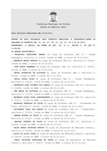 Atos Oficiais publicados em 19/03/2013 - Prefeitura de Vitória