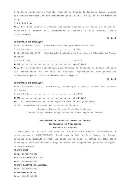Atos Oficiais publicados em 19/03/2013 - Prefeitura de Vitória