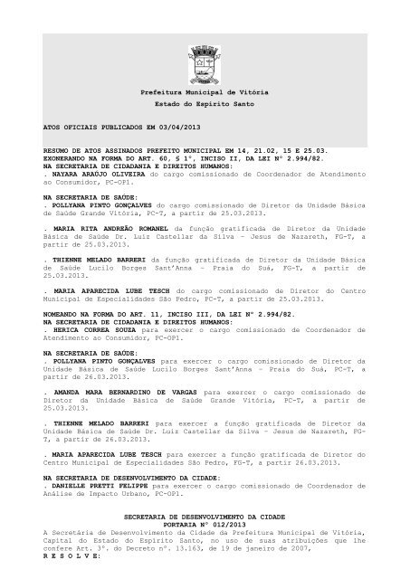 Atos Oficiais publicados em 03/04/2013 - Prefeitura de Vitória