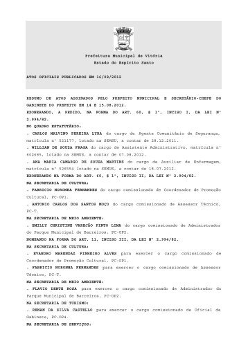 Atos Oficiais publicados em 16/08/2012 - Prefeitura de Vitória