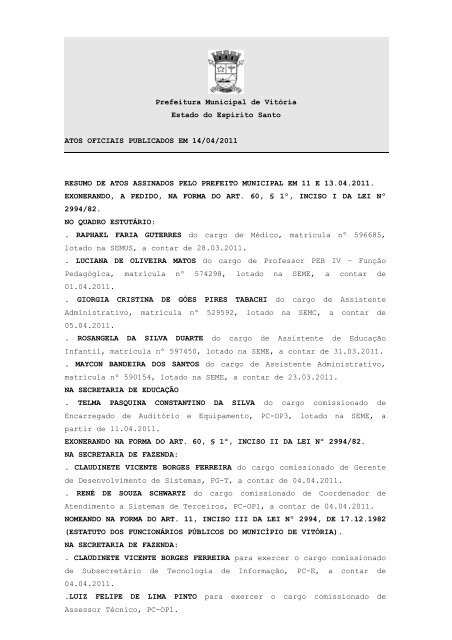 Atos Oficiais publicados em 14/04/2011 - Prefeitura de Vitória