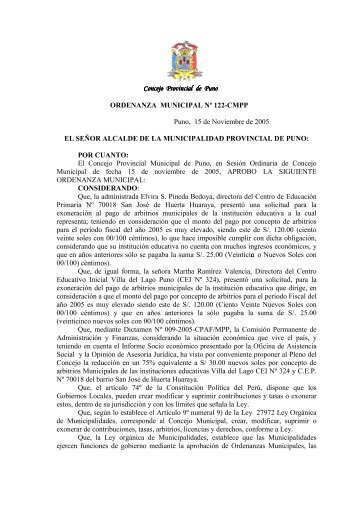 Concejo Provincial de Puno ORDENANZA MUNICIPAL Nº 122 ...