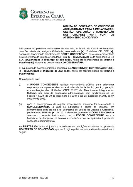 minuta de contrato de concessão administrativa para a - SEPLAG ...