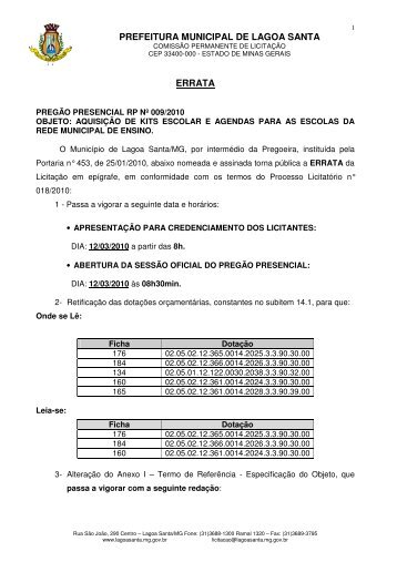 Errata I - Prefeitura Municipal de Lagoa Santa