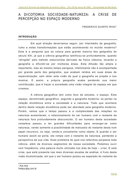 a dicotomia sociedade-natureza - Observatorio Geográfico de ...