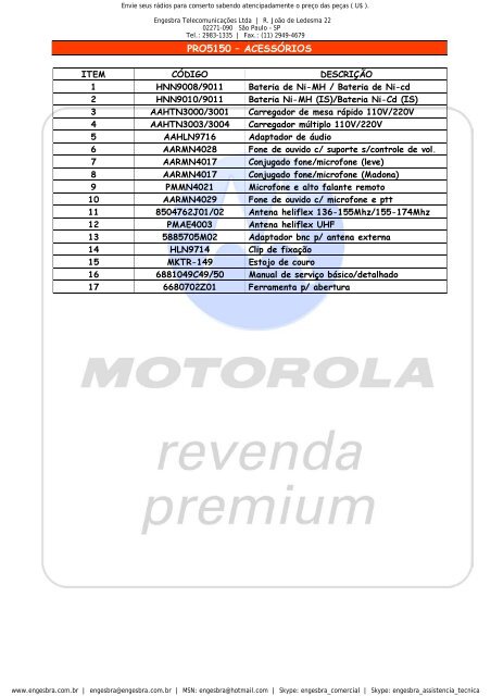 lista preços componentes acessorios radios MOTOROLA - Engesbra