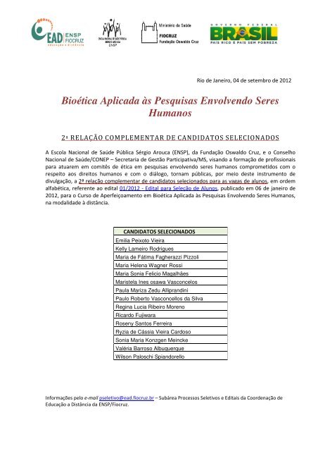 Bioética Aplicada às Pesquisas Envolvendo Seres ... - EAD - Fiocruz