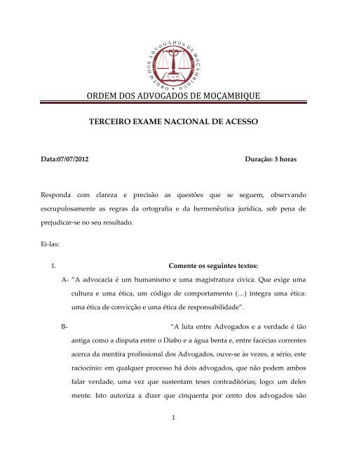 Exame de Acesso - ORDEM DOS ADVOGADOS DE MOÇAMBIQUE