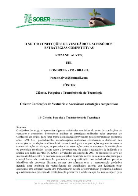 O SETOR CONFECÇÕES DE VESTUÁRIO E ACESSÓRIOS - SOBER