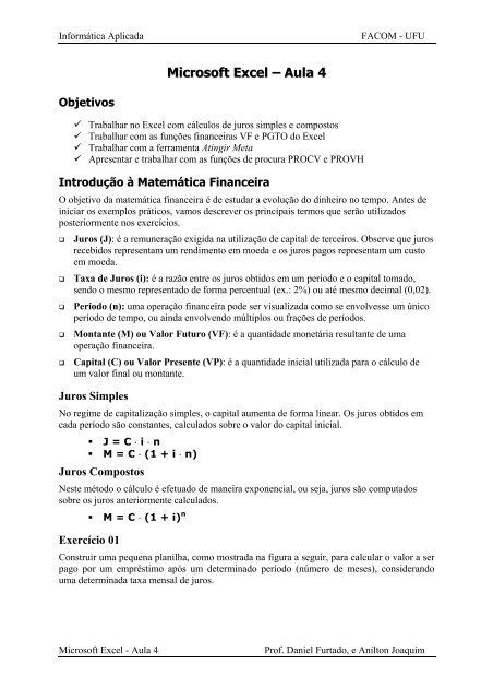 Juros Simples, Notas de aula Cálculo