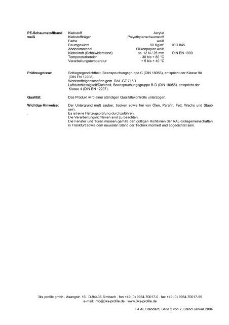 TECHNISCHES MERKBLATT T-FAL Standard - 3ks profile gmbh