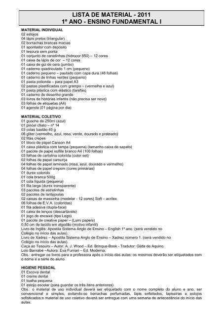 lista de material - 2011 1º ano - ensino fundamental i - Uniesp
