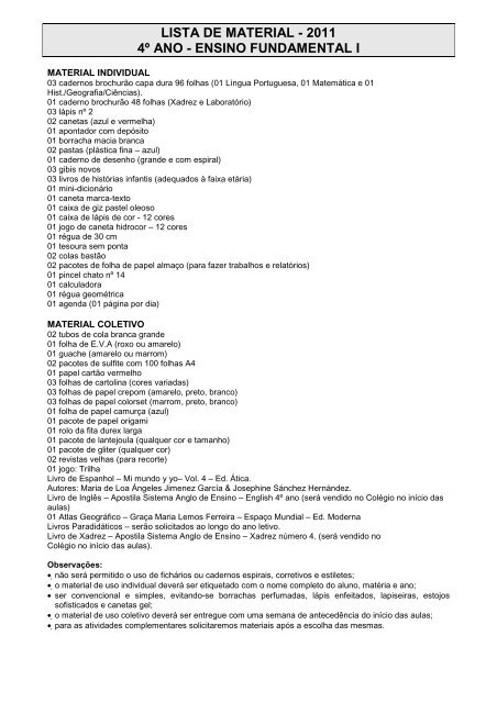 lista de material - 2011 1º ano - ensino fundamental i - Uniesp