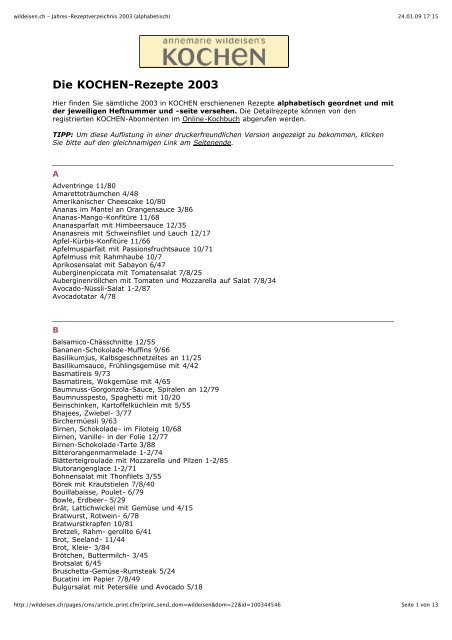 wildeisen.ch - Jahres-Rezeptverzeichnis 2003 (alphabetisch)