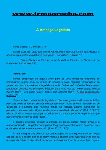 A ameaça Legalista - Irmão Rocha no facebook