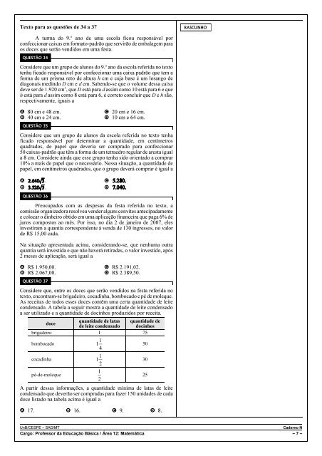 Cadernos de Provas (Objetiva e Discursiva) » Matemática - Sad